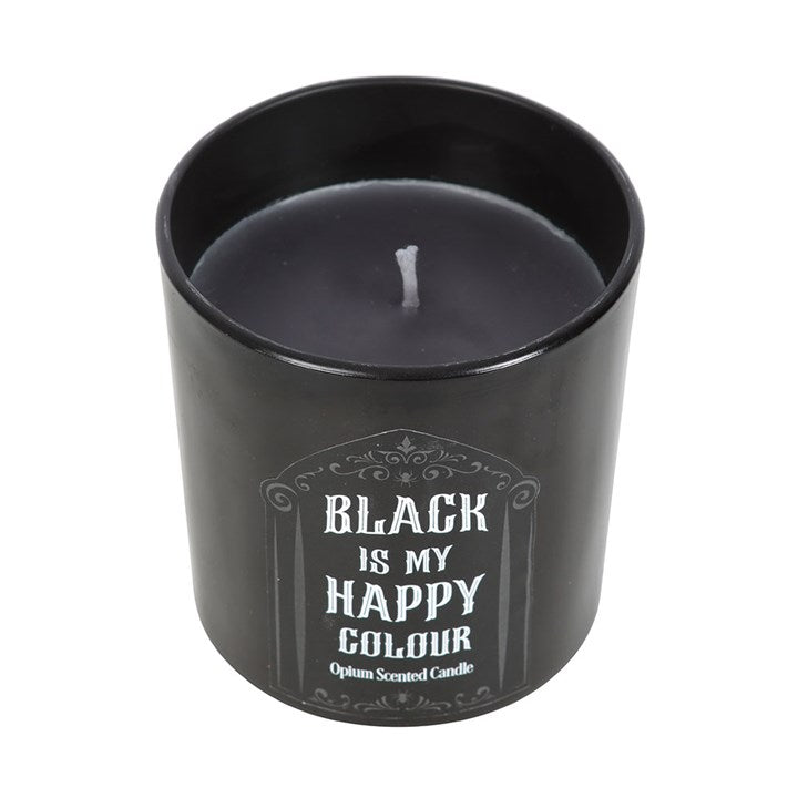 Black candle in a black container with 'Black is my happy colour' text on a white background
