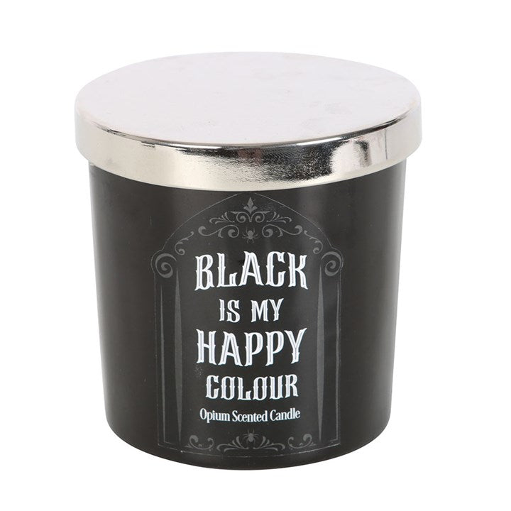 Black candle jar with silver lid and white text on a white background