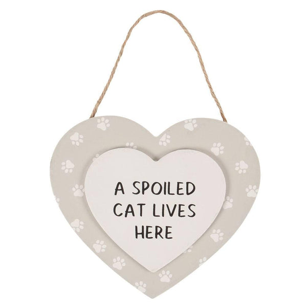 A Spoiled Cat Lives Here Hanging Heart Sign - Home Decor Emporium