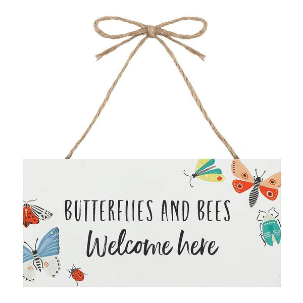 Bees and Butterflies Welcome Here Hanging Garden Sign - Home Decor Emporium