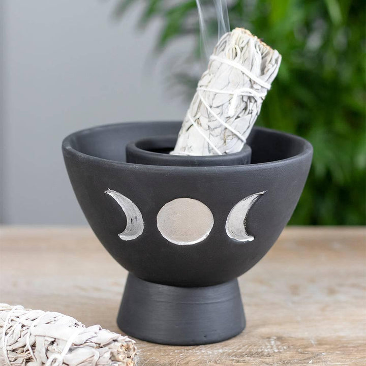 Black Triple Moon Terracotta Smudge Bowl - Home Decor Emporium