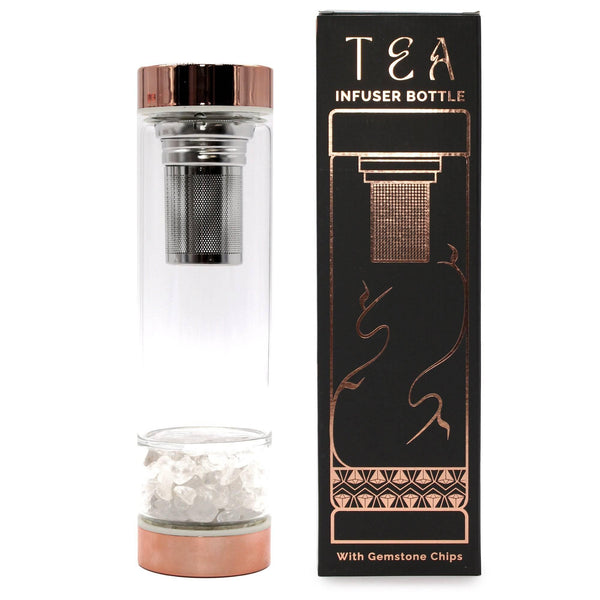 Crystal Glass Tea Infuser Bottle - Rose Gold - Rock Quartz - Home Decor Emporium