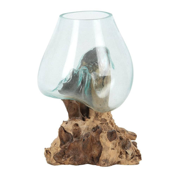 Extra Large Molten Glass Bowl on Root Wood Stand - Home Decor Emporium