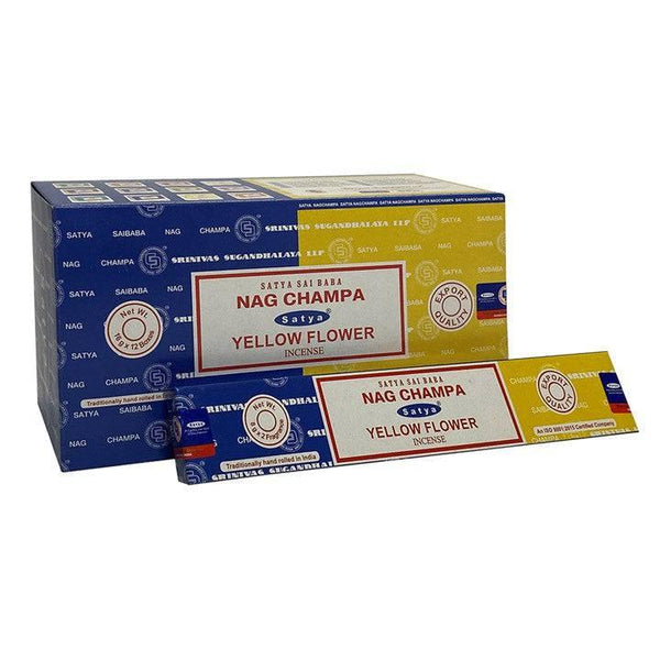 Set of 12 Packets of Combo Satya Incense - Nag Champa Yellow Flower - Home Decor Emporium