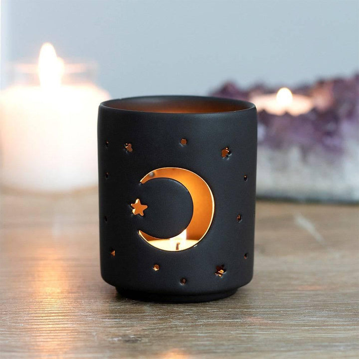 Small Black Mystical Moon Cut Out Tealight Holder - Home Decor Emporium