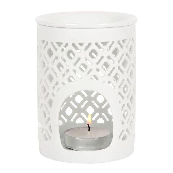 White Matte Lattice Cut Oil Burner - Home Decor Emporium