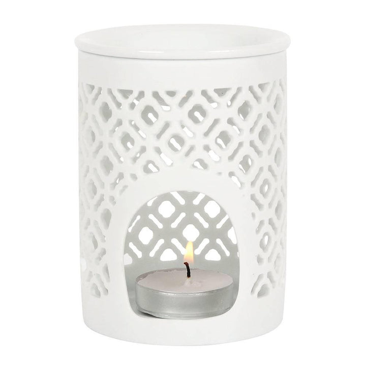 White Matte Lattice Cut Oil Burner - Home Decor Emporium