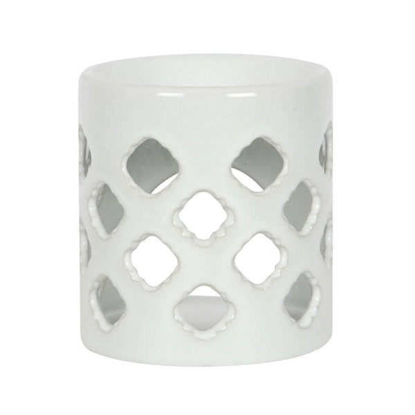 White Oil Burner With Lattice Cutouts - Home Decor Emporium