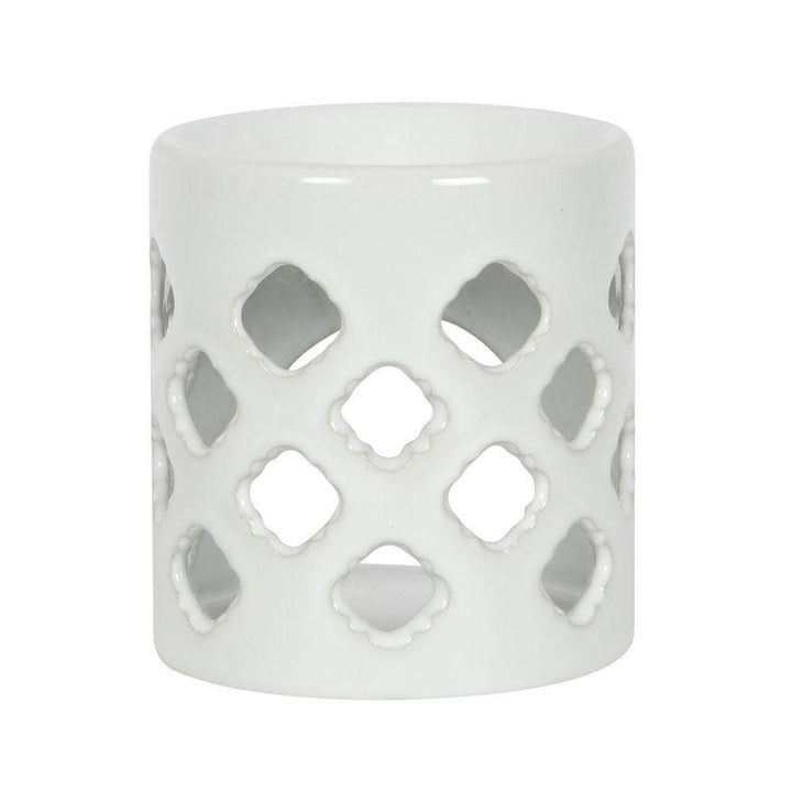 White Oil Burner With Lattice Cutouts - Home Decor Emporium