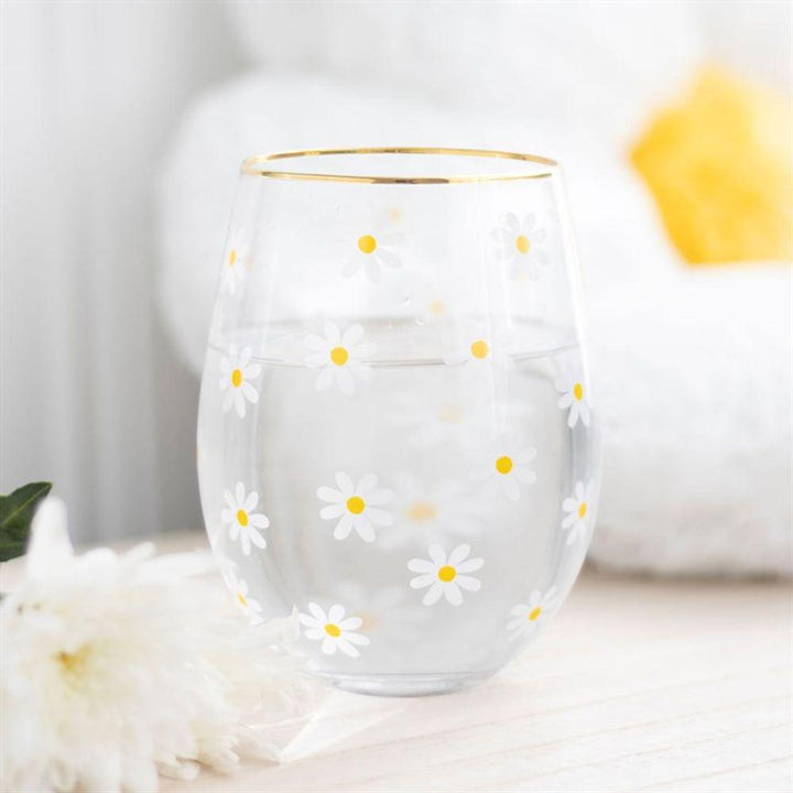 All Over Daisy Print Stemless Wine Glass - Home Decor Emporium