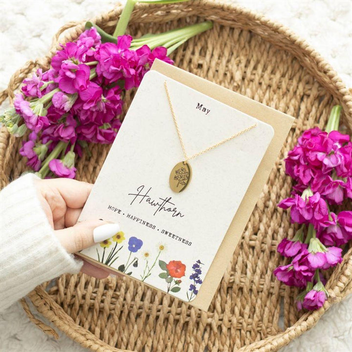 May Hawthorn Birth Flower Necklace Card - Home Decor Emporium