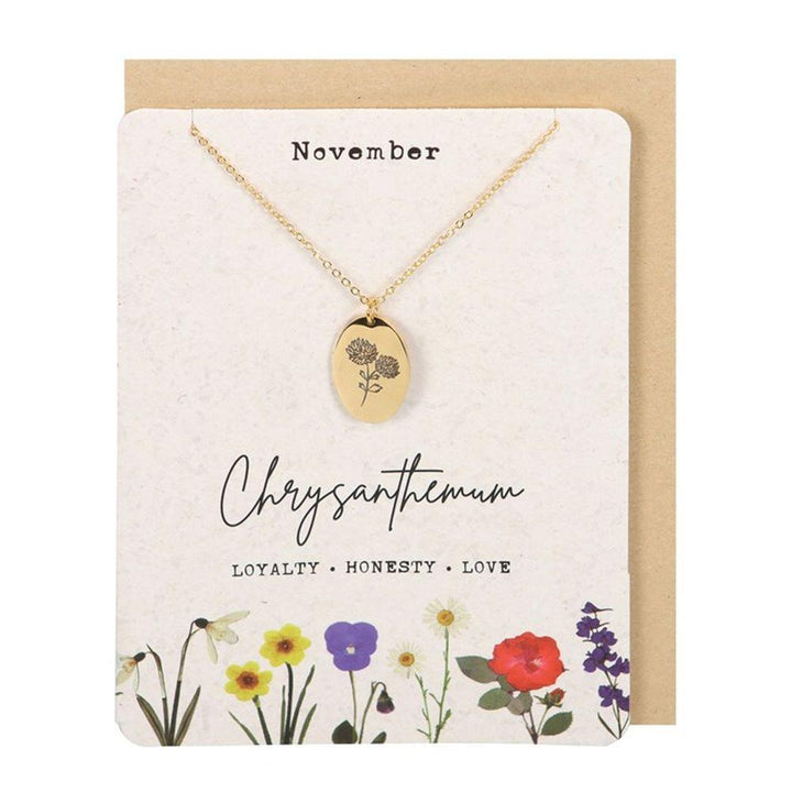 November Chrysanthemum Birth Flower Necklace Card - Home Decor Emporium