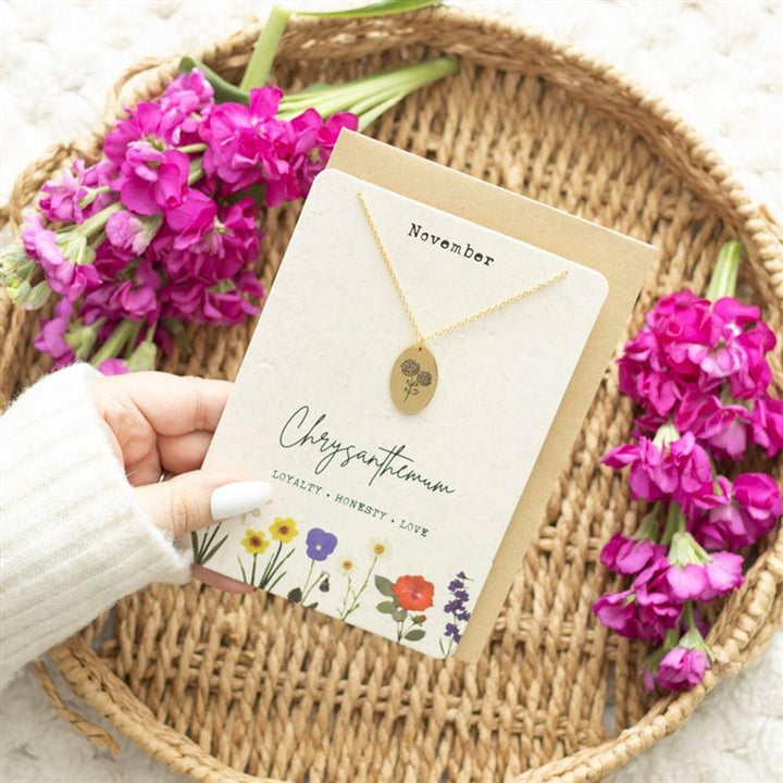 November Chrysanthemum Birth Flower Necklace Card - Home Decor Emporium