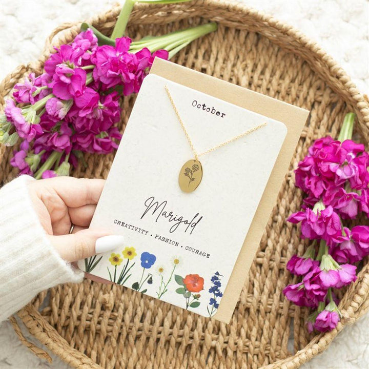 October Marigold Birth Flower Necklace Card - Home Decor Emporium