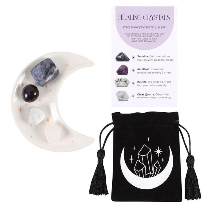 Stress Healing Crystal Set with Moon Trinket Dish - Home Decor Emporium