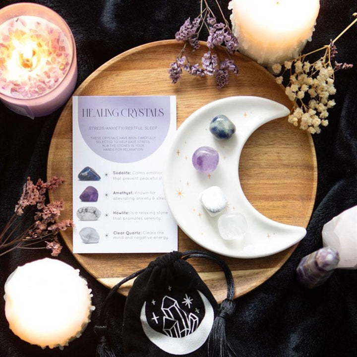 Stress Healing Crystal Set with Moon Trinket Dish - Home Decor Emporium